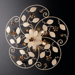 [S-BL196-PL5-AV] Plafoniera in ferro laccato avorio con decorazione oro 5 luci