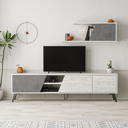 [S-FZ99524] Porta TV Fiona Bianco Vintage con Anta Retro Grey e Mensola H 48 x P 35,60 x L 180 cm