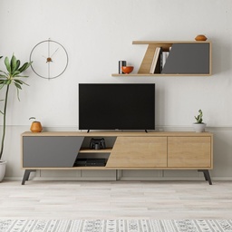 [S-FZ99523] Porta TV Fiona Rovere con Anta Antracite e Mensola H 48 x P 35,60 x L 180 cm