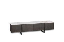 [S-PT/011] Porta TV elegante in bianco e grigio scuro, 40x180x45 cm, con top in ceramica marmo Calacatta e struttura in MDF impiallacciato rovere