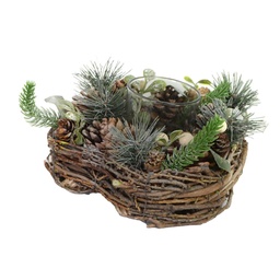 [S-V6327860000] Portacandele con pigne e bacche bianche 19x19x9,5 cm