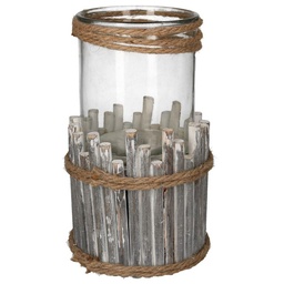 [S-V3720740000] Portacandele in legno e vetro sbiancato, forma tonda, dimensioni ø15x19cm