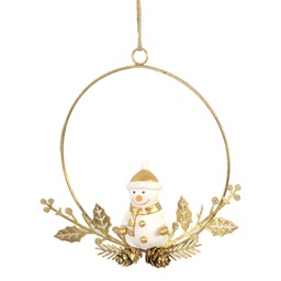 [S-V6195280000] Ghirlanda oro con pupazzo di neve in metallo - 16x16x3 cm
