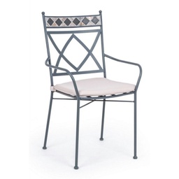 [S-B0804661] Sedia da esterno in metallo Berkley, impilabile, con schienale decorato in ceramica a mosaico, cuscino sfoderabile, set da 4