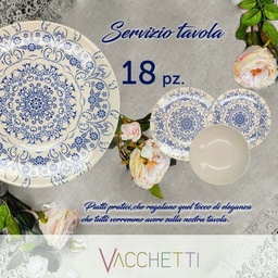 [S-V5861130000] Servizio di piatti 18 pezzi con decoro azzurro/crema - Dimensioni: 27x27x26 cm