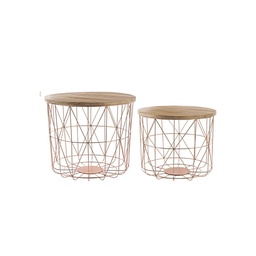 [S-B0746057] Set 2 Tavolini con Contenitore e Intreccio in Rame - Struttura in Acciaio - Piano in Legno di Mango - Diametro 45 cm e 40 cm - Altezza 39 cm