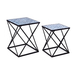 [S-B0740317] Set 2 tavolini in acciaio con piano in mdf decorato con stampa 55h 47h cm