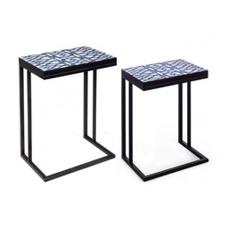 [S-B0740318] Set 2 tavolini in acciaio con piano in mdf decorato con stampa 62.5h 56h cm