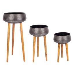 [S-B0182959] Set 3 porta vaso treppiede nero in legno e alluminio stile classico