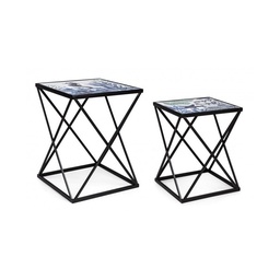 [S-B0740400] Set di Tavolini in Acciaio Nero con Fantasia Marina REEF K04 - 2 Pezzi