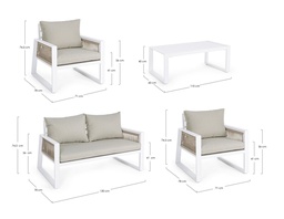[S-B0662584] Set salotto giardino Captiva bianco - Struttura in alluminio, seduta in tessile, intreccio con corde in tessile - Misure poltrone: 71x78x74.5 cm - Misure divano: 130x78x74.5 cm - Misure tavolino: 110x60x40 cm