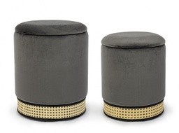 [S-B0720694] Set2 Pouf Contenitore Milena Grigio Sc - Pouf con Rivestimento in Velluto e Rattan Sintetico - Dimensioni: 36x44 cm e 31x40 cm
