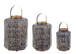 [S-B0141198] Set3 Lanterna Kaylie Bomb Blu-OroMetallo - Lanterne in Vetro con Maniglia - Dimensioni: G 26x38,5 cm, M 19,5x31 cm, P 14,5x23,5 cm