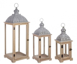 [S-B0140888] Set3 Lanterna Oberlech Nat - Elemento Decorativo in Legno di Abete e Compensato - Design Classico con Pareti in Vetro Trasparente - Dimensioni: 30x30x81 cm, 23x23x61 cm, 16x16x40 cm