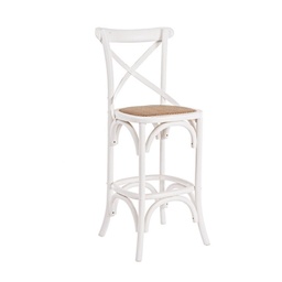 [S-B0743232] Sgabello Rustico Bar Cross Bianco - Struttura in Legno di Olmo - Seduta Imbottita in Rattan Naturale - Finitura Poliuretanica - Misure: 50x52x118 cm