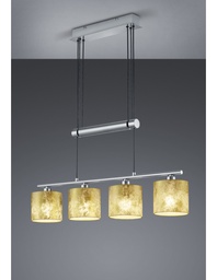 [S-TRIO305400479] Sospensione Nichel 4 Paralumi Tessuto Oro L77 cm