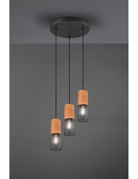 [S-TRIO304330332] Sospensione Tosh Nero 3xE27 Legno E Gabbia Metallica Ø28 cm Trio Lighting