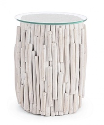 [S-B0680404] Tavolino in Teak Sbiancato con Finitura Nitrocellulosica e Vetro 8mm