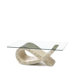 [S-FS/082/M/T] Tavolino elegante in vetro temperato filo lucido, trasparente, con base in pietra fossile white agata - 70x120x36