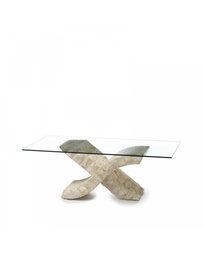 [S-FS/053/M/T] Tavolino trasparente-beige in vetro temperato e pietra fossile, 70cm x 120cm x 40cm