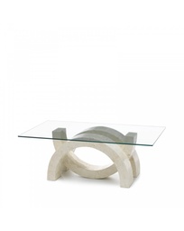 [S-FS/080/WA/T] Tavolino trasparente e beige in vetro temperato e pietra fossile, 70x120x41 cm