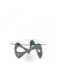 [S-FS/011/G/T] Tavolino trasparente e grigio, 100x100x42.5 cm, con top in vetro temperato e base in pietra fossile