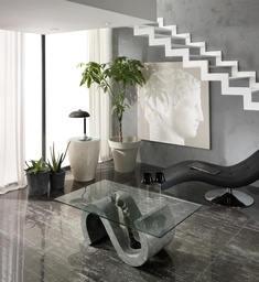 [S-FS/081/G/T] Tavolino trasparente-grigio, vetro temperato e pietra fossile, 70x120x36 cm