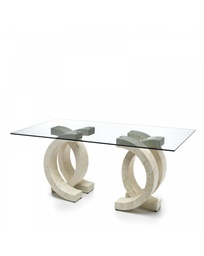 [S-FS/023/WA/T] Tavolo fisso 180x100 in vetro temperato trasparente con base in pietra fossile beige