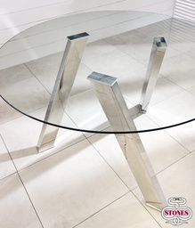[S-OM/221] Tavolo fisso in vetro temperato trasparente con gambe in metallo, 120x120x75h cm