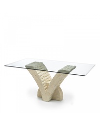 [S-FS/022/M/T] Tavolo fisso trasparente-beige in vetro temperato e pietra fossile, 100x180x76 cm