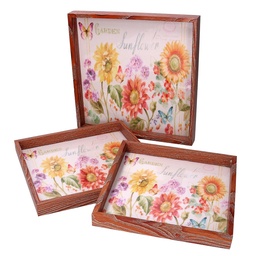 [S-V5925370000] Vassoio in legno con 1-3 fiori verdi e bordo marrone cm30x30h3,3