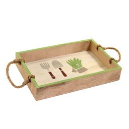 [S-V5918070000] Vassoio in legno bianco e verde con manici in corda rettangolare 30x20x5 cm