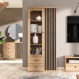[SA-FZ98928] Vetrina con 2 ante in vetro, 2 cassetti e piedi in legno - Colore rovere antracite - Misure 92x40x198 cm