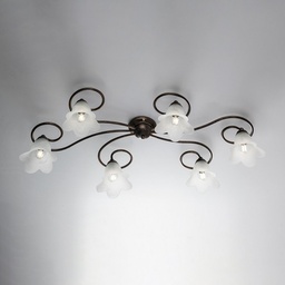 [SA-BL230-PL6-BR] Plafoniera Ferro Marrone Oro Sei Luci Paralumi in Vetro Bianco 99x50x h17 cm