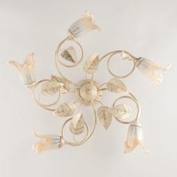 [SA-BL179-PL5-AV] Plafoniera in Ferro Avorio Oro Vetri Bianchi Ambra Cinque Luci 70x h20 cm